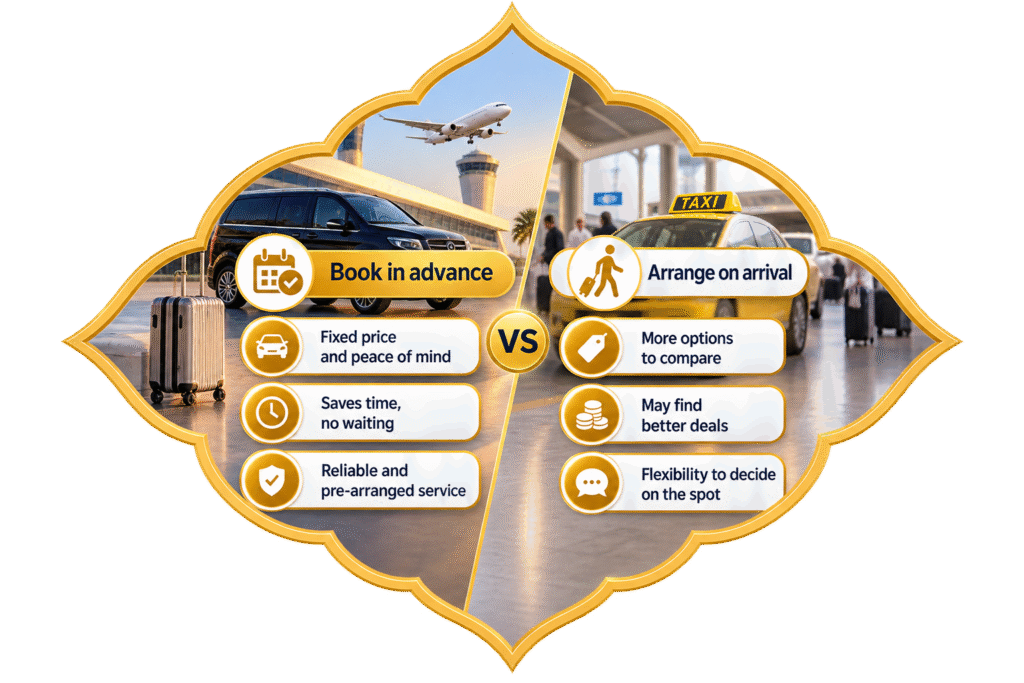 Booking Umrah transport in advance
vs arranging it on arrival