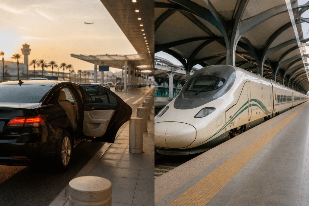 Cost comparison chart — Makkah to Madinah private car vs train by group size