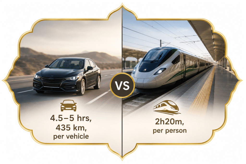 Makkah to Madinah private car vs Haramain train comparison